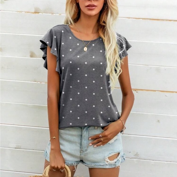 Boho polka dots print butterfly sleeve blouse dusty blue - Picture 8 of 11